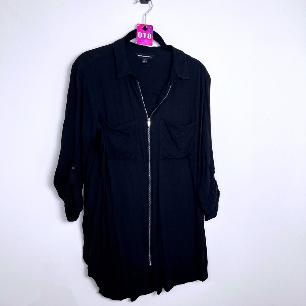 Rock & Republic Black Zip Front Utility Shirt Tunic Rolled Sleeves Size L - Picture 1 of 3